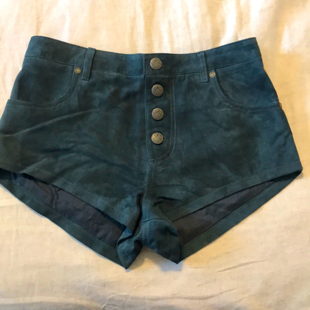 Free People RARE Suede Real Leather Micro Shorts Blue Green Size 0 25 XS High